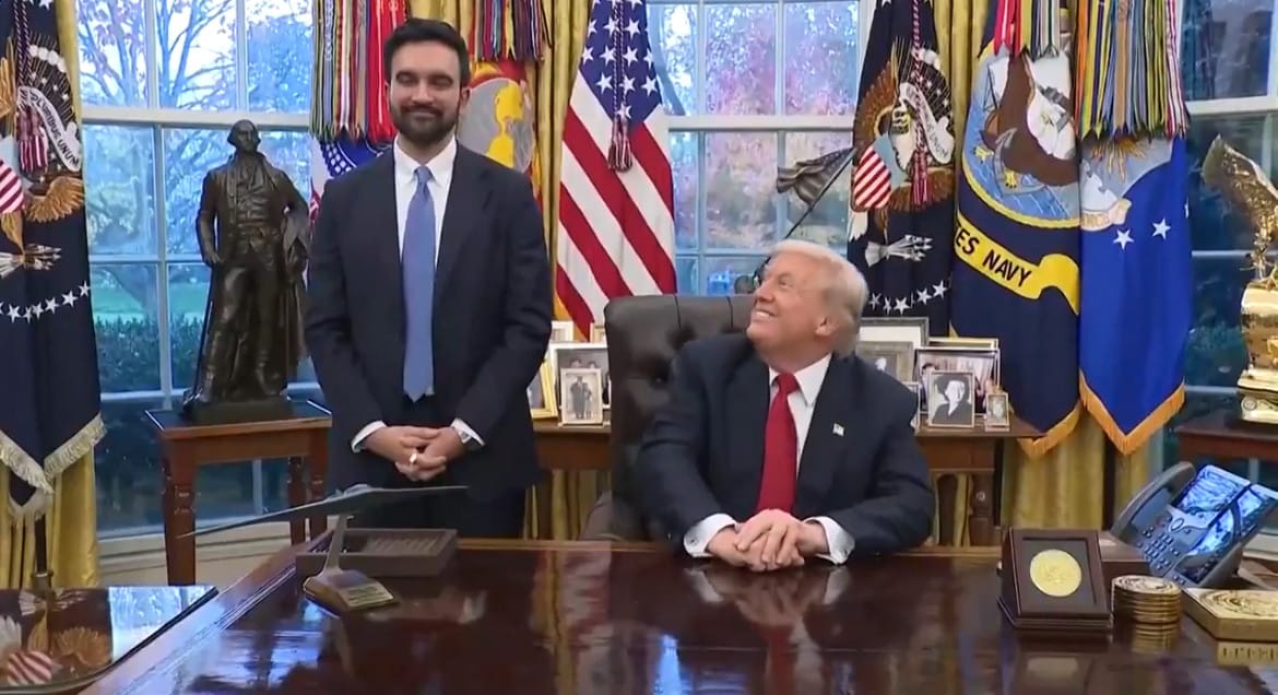 Zohran Mamdani and Donald Trump in the Oval Office, Trump bearing a shit eating grin on his face absolutely charmed by this man